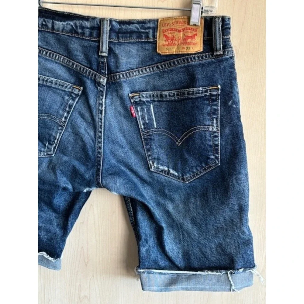 Levis 511 Shorts Mens 31 Blue Denim Cutoff Distressed Raw Hem Jeans w/ Patches‎